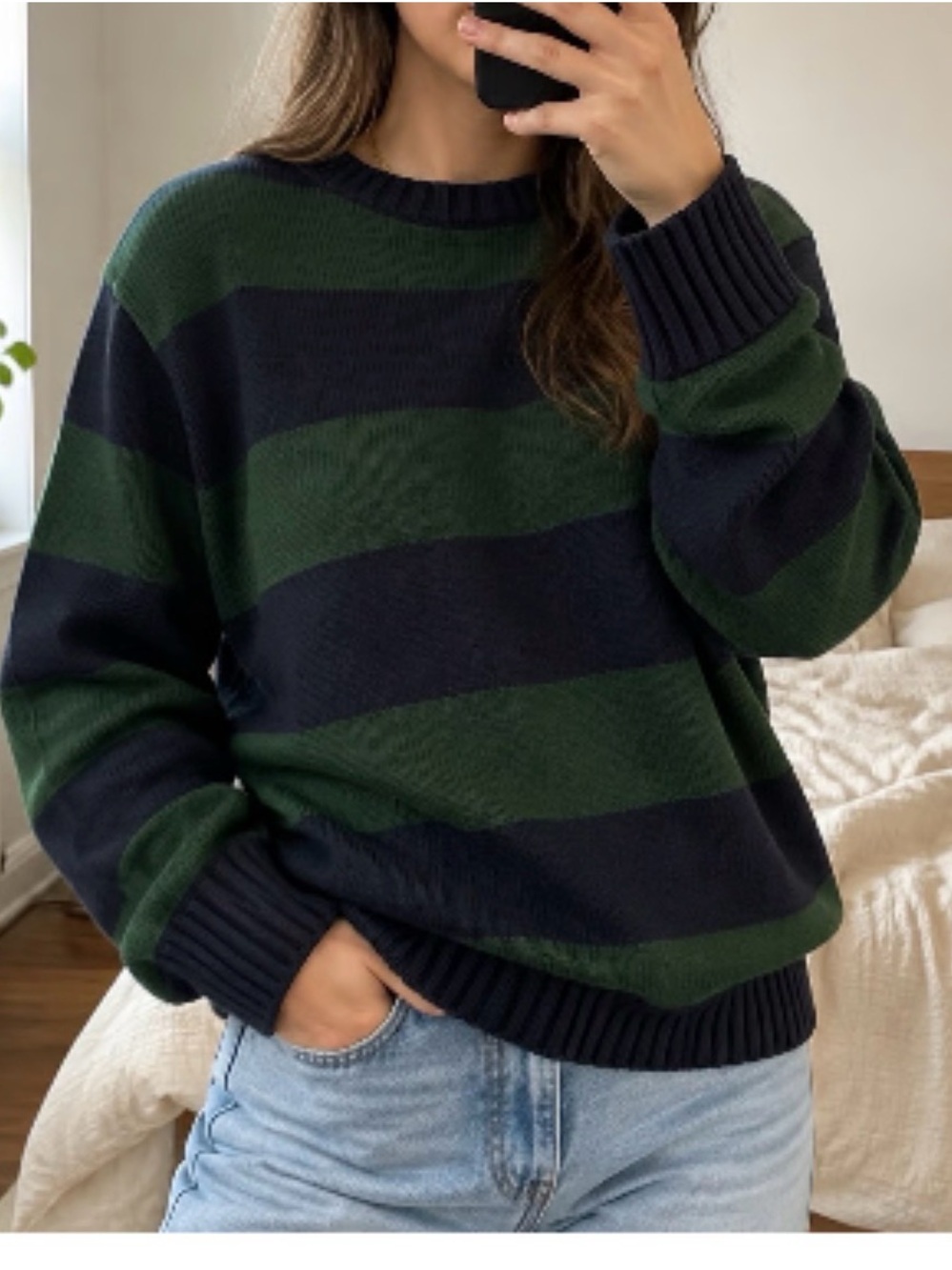 Brandy Melville Cotton Green & Navy Striped Crewneck Sweater